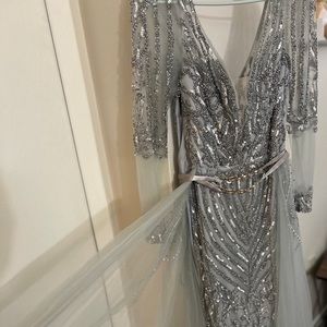 Evening gown, silver modest evening dress . Prom / Homecoming or bridesmaid gown